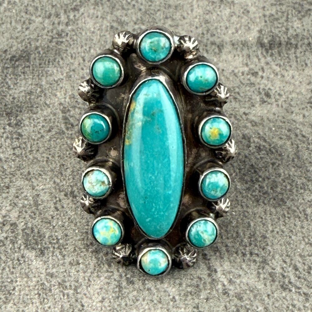 Vintage Running Bear RB Native American 925 Silver Turquoise Cluster Ring Size 6